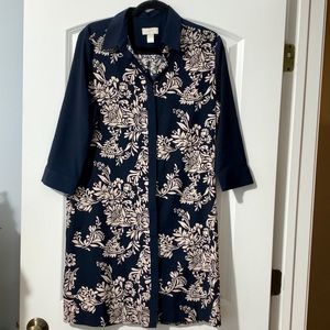 LOFT Navy Blue and Cream Long Sleeve Floral Shirt Dress